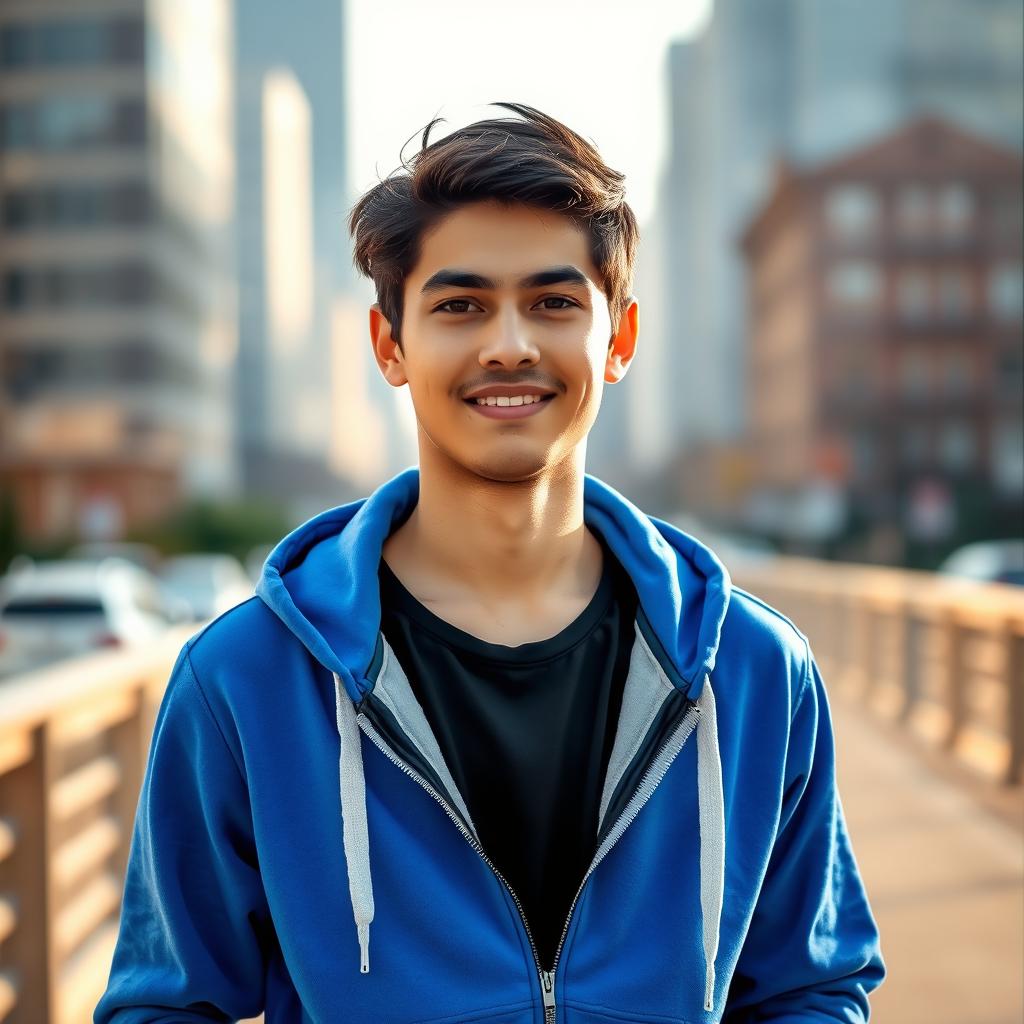 A young man with black hair wearing a stylish black shirt underneath a vibrant blue hoodie