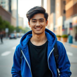 A young man with black hair wearing a stylish black shirt underneath a vibrant blue hoodie