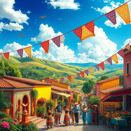 A vibrant scene depicting the beauty of Hispanic culture and landscapes, showcasing traditional architecture with colorful facades, intricate tile work, and lush green surroundings