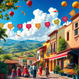 A vibrant scene depicting the beauty of Hispanic culture and landscapes, showcasing traditional architecture with colorful facades, intricate tile work, and lush green surroundings