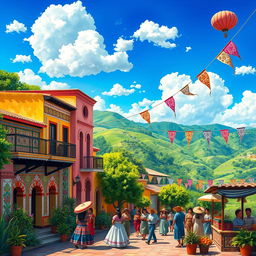 A vibrant scene depicting the beauty of Hispanic culture and landscapes, showcasing traditional architecture with colorful facades, intricate tile work, and lush green surroundings