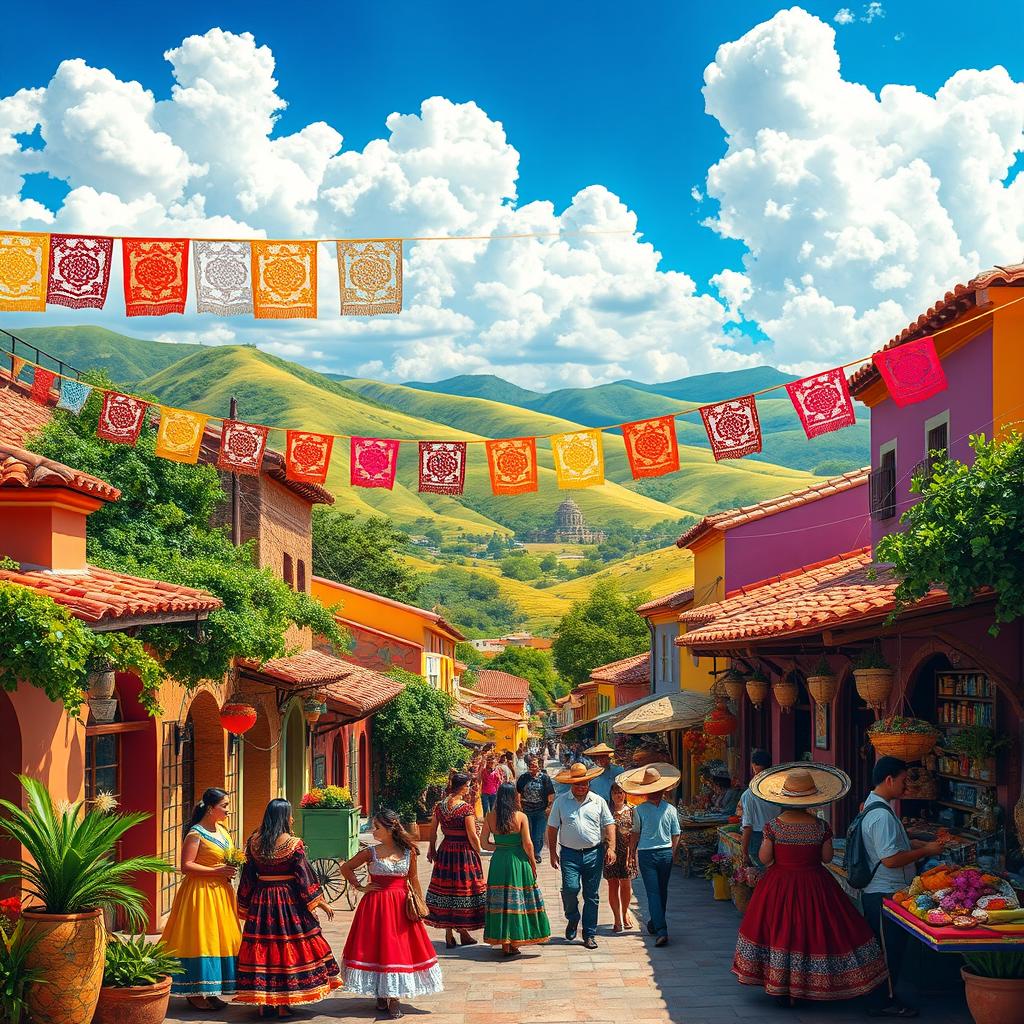 A vibrant scene depicting the beauty of Hispanic culture and landscapes, showcasing traditional architecture with colorful facades, intricate tile work, and lush green surroundings