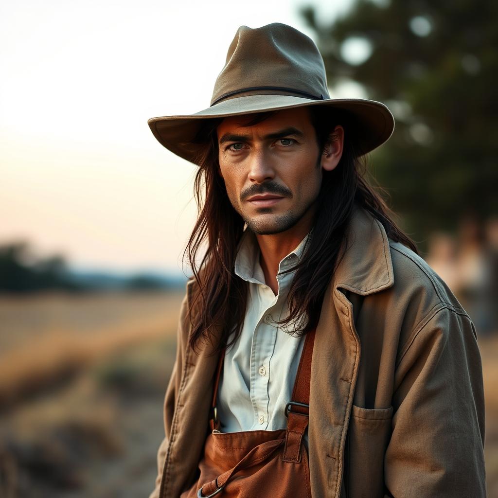 A thin, serious-looking man resembling actor Jude Law, featuring long dark brown hair, wearing a wide-brimmed hat and a worn coat