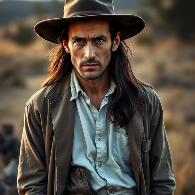 A thin, serious-looking man resembling actor Jude Law, featuring long dark brown hair, wearing a wide-brimmed hat and a worn coat