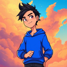 A stylized character design of a young male figure with black shirt hair styled in a trendy, modern way, wearing a bright blue hoodie