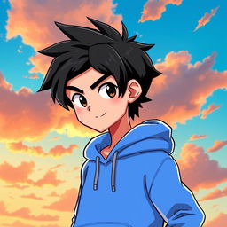 A stylized character design of a young male figure with black shirt hair styled in a trendy, modern way, wearing a bright blue hoodie