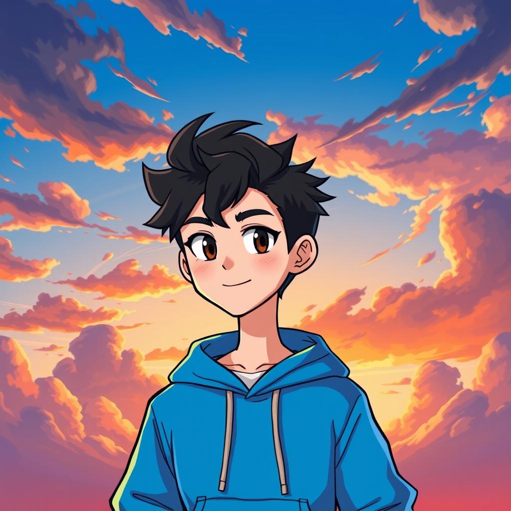 A stylized character design of a young male figure with black shirt hair styled in a trendy, modern way, wearing a bright blue hoodie