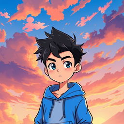 A stylized character design of a young male figure with black shirt hair styled in a trendy, modern way, wearing a bright blue hoodie