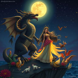 A mythical scene depicting Haring Bakunawa, a powerful dragon from Philippine mythology, accompanied by his majestic wife, Reyna Bulan