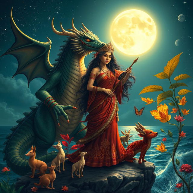 A mythical scene depicting Haring Bakunawa, a powerful dragon from Philippine mythology, accompanied by his majestic wife, Reyna Bulan