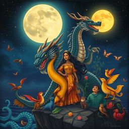 A mythical scene depicting Haring Bakunawa, a powerful dragon from Philippine mythology, accompanied by his majestic wife, Reyna Bulan