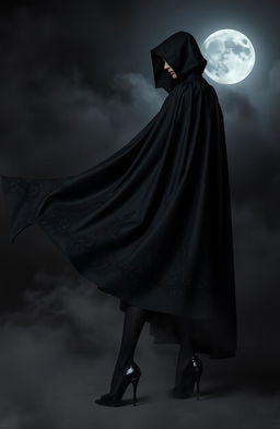 A dark and mysterious figure wearing a striking and elegant long black cape flowing dramatically behind them, paired with stylish high heels that add an air of sophistication and horror