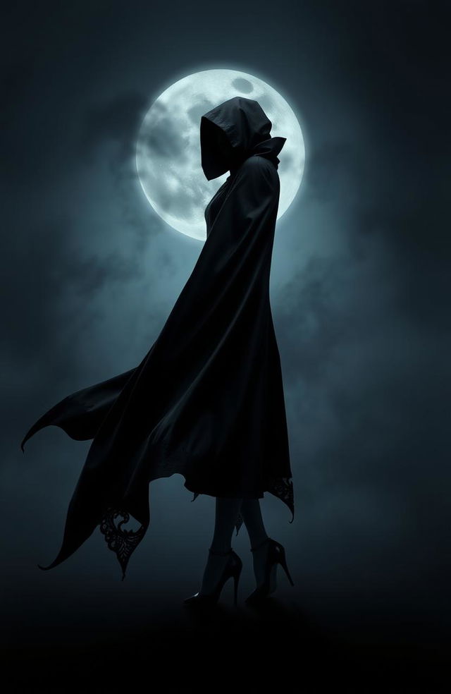 A dark and mysterious figure wearing a striking and elegant long black cape flowing dramatically behind them, paired with stylish high heels that add an air of sophistication and horror