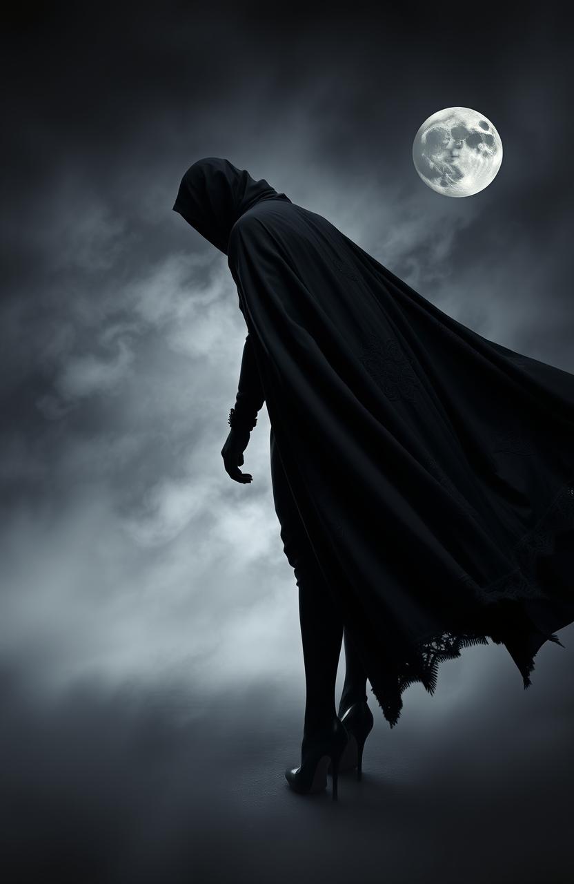 A dark and mysterious figure wearing a striking and elegant long black cape flowing dramatically behind them, paired with stylish high heels that add an air of sophistication and horror