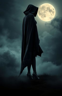 A dark and mysterious figure wearing a striking and elegant long black cape flowing dramatically behind them, paired with stylish high heels that add an air of sophistication and horror