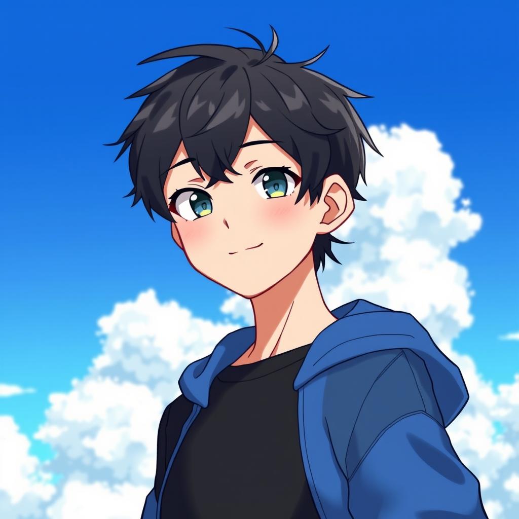 A male character wearing a black shirt and a blue hoodie, standing confidently against a vibrant sky background