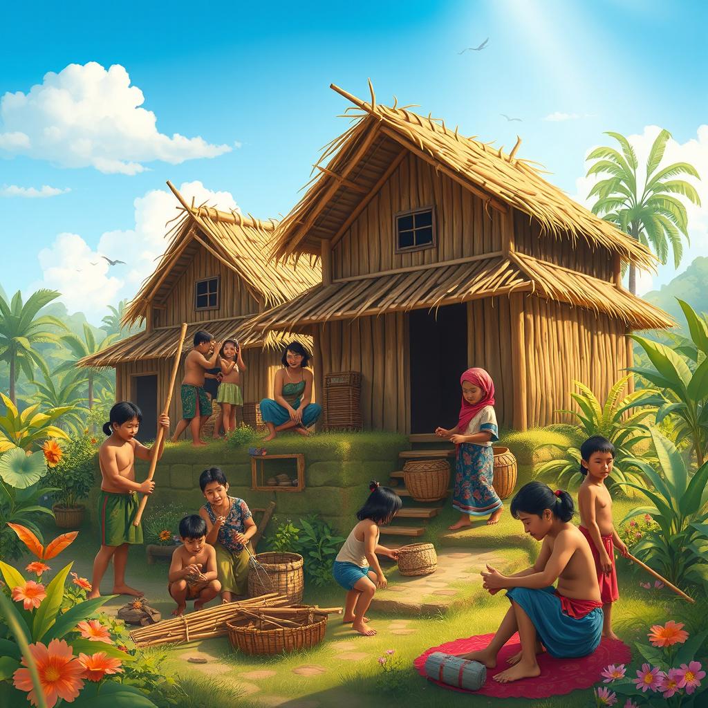 A heartwarming scene depicting the establishment of the first village in Cambuga, showcasing Haring Bakunawa and Reyna Bulan actively working together