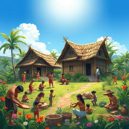 A heartwarming scene depicting the establishment of the first village in Cambuga, showcasing Haring Bakunawa and Reyna Bulan actively working together