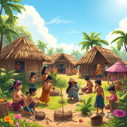 A heartwarming scene depicting the establishment of the first village in Cambuga, showcasing Haring Bakunawa and Reyna Bulan actively working together