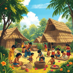 A heartwarming scene depicting the establishment of the first village in Cambuga, showcasing Haring Bakunawa and Reyna Bulan actively working together