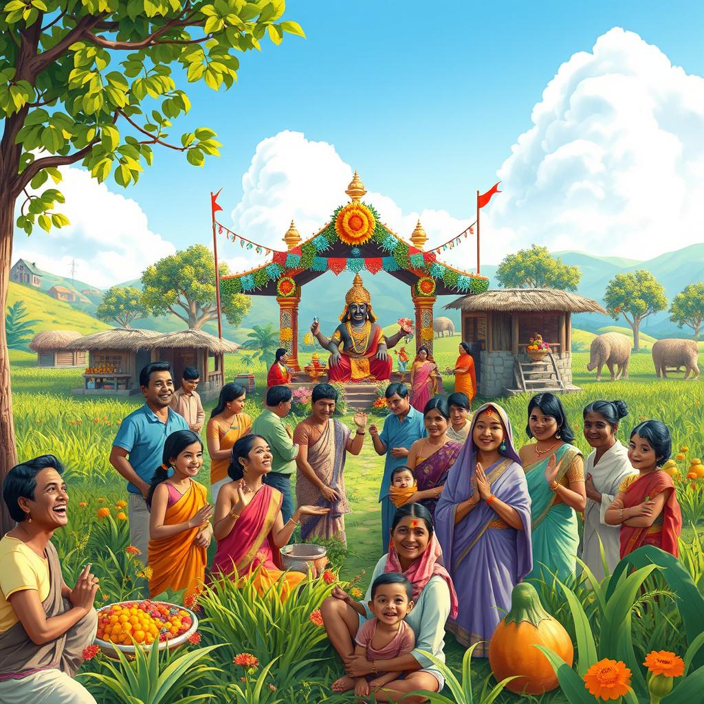 A vibrant village scene showcasing a community of joyful and healthy people living harmoniously, far from hunger and poverty