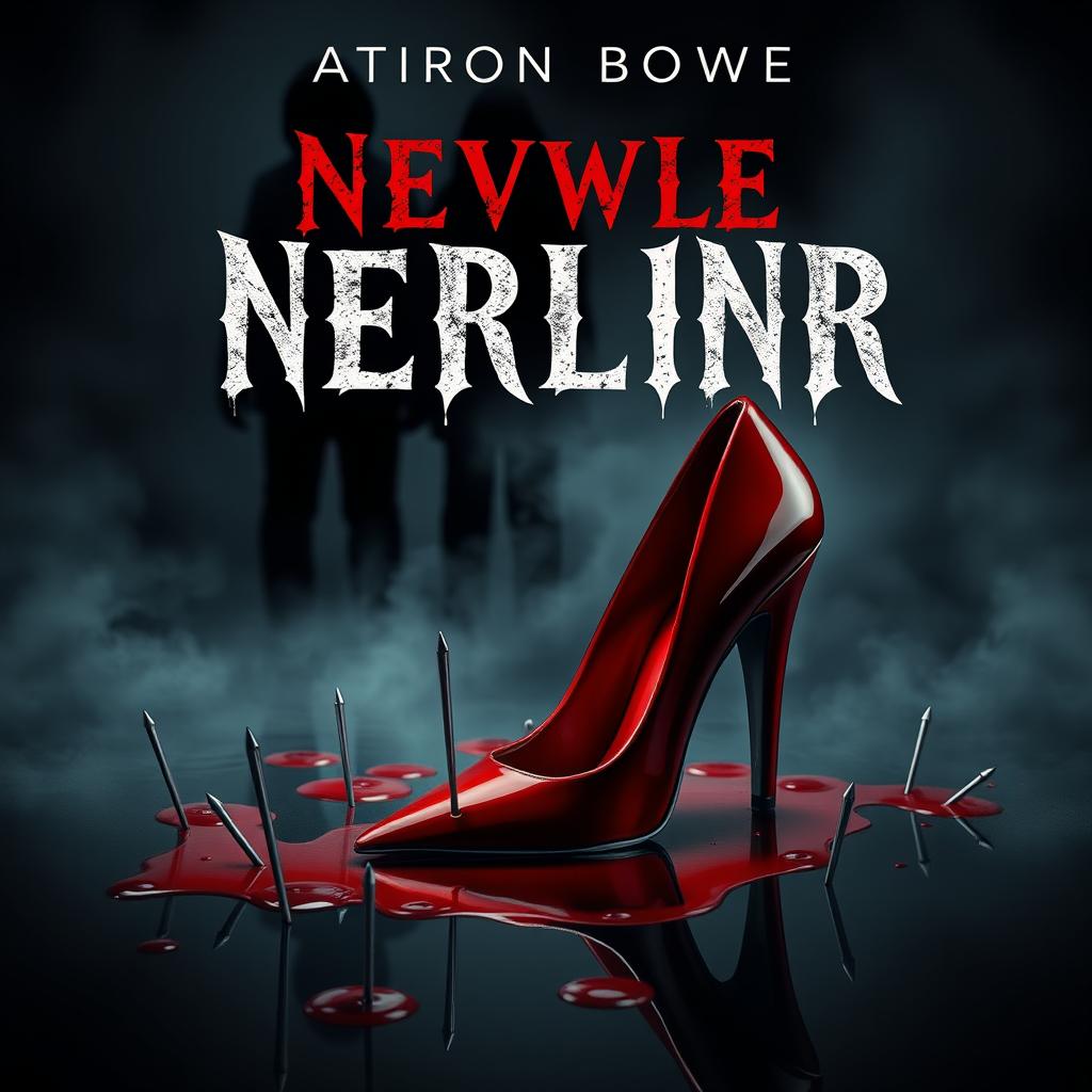 A chilling book cover design for a horror novel featuring a close-up of sharp needles piercing through a pool of dark, crimson blood