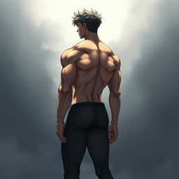 A male character in an artistic interpretation showcasing a side view of his body with a focus on a muscular physique