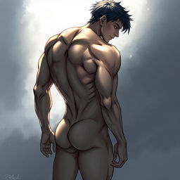 A male character in an artistic interpretation showcasing a side view of his body with a focus on a muscular physique
