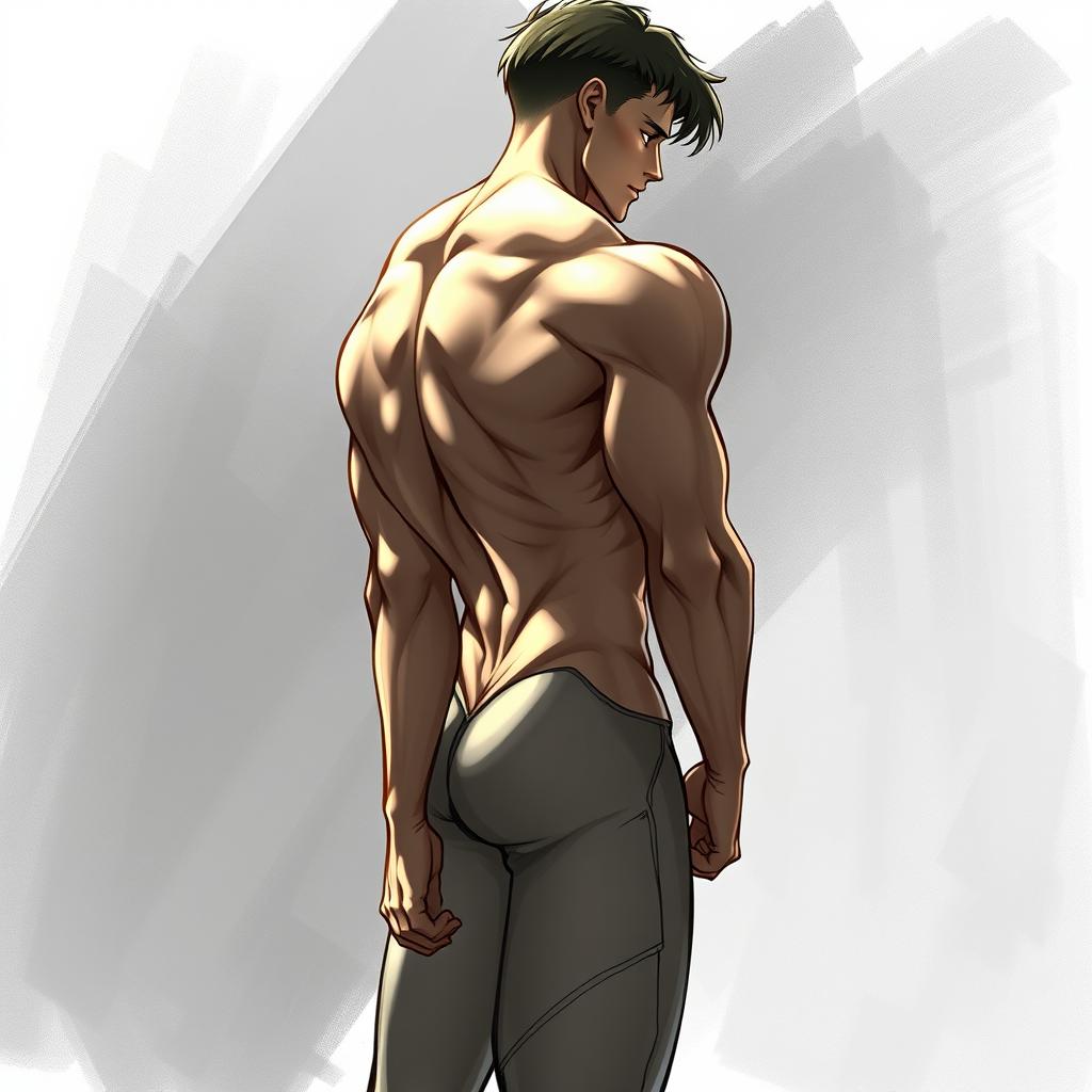 A male character in an artistic interpretation showcasing a side view of his body with a focus on a muscular physique