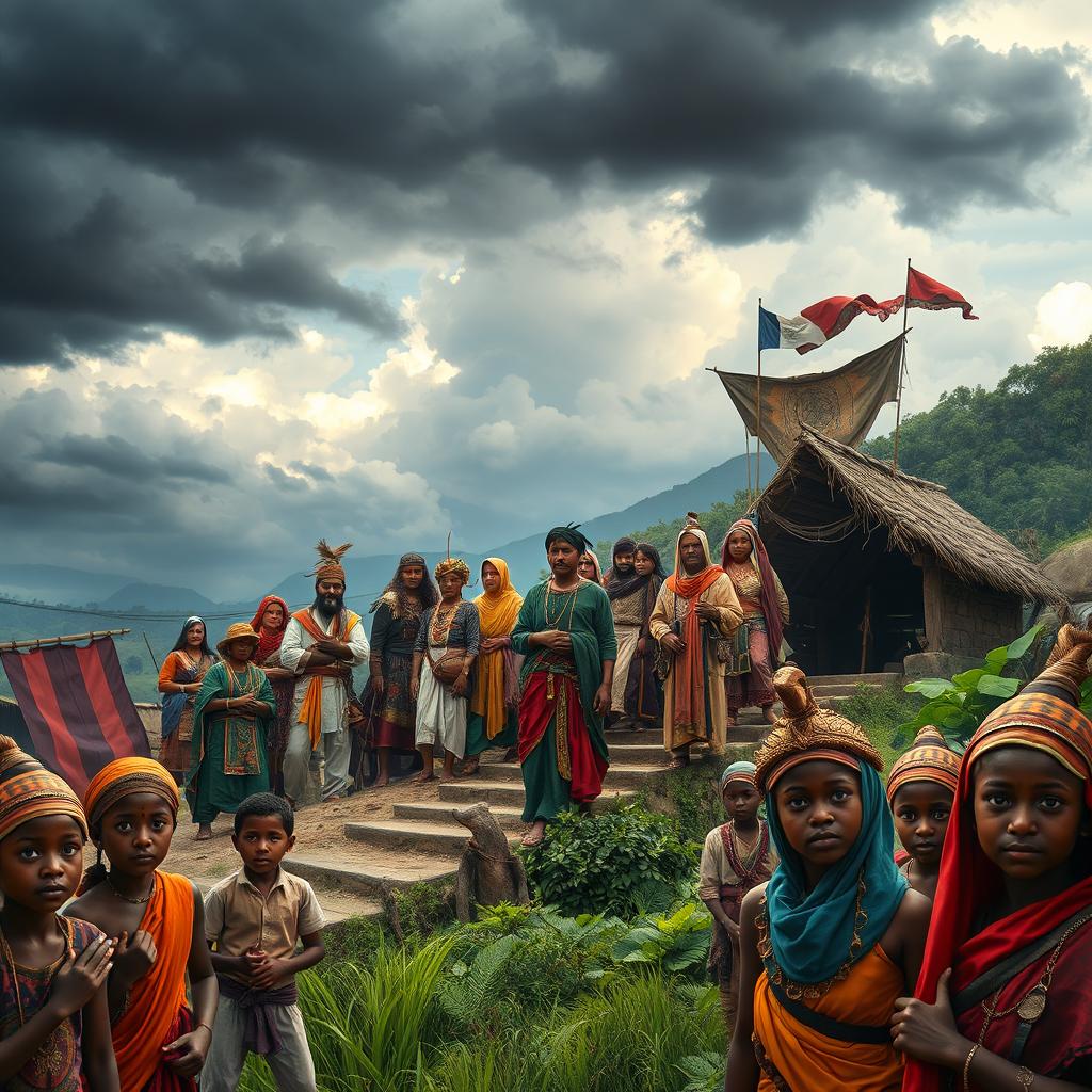 A dramatic scene illustrating the arrival of foreign adventurers in the peaceful village of Cambuga