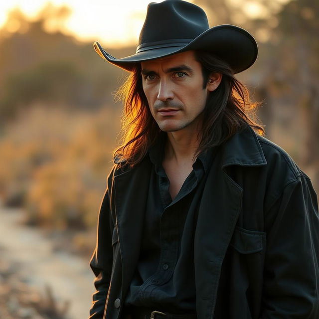 A thin-complexioned man resembling Jude Law with long, dark brown hair and a serious expression