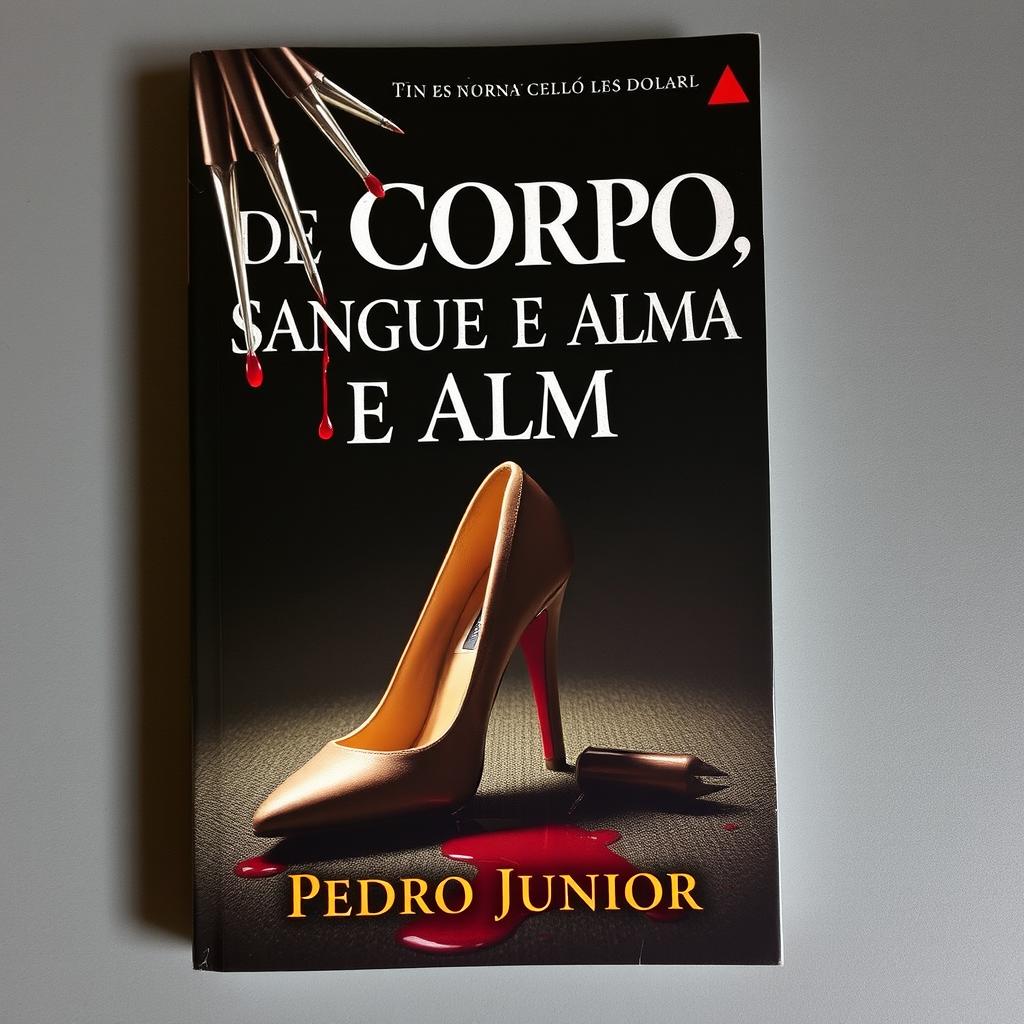 A chilling book cover for a horror story, featuring sharp sewing needles dripping with blood, a high-heeled shoe ominously placed in the foreground, and a dark and eerie background that sets a suspenseful tone