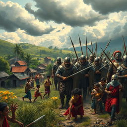 A tense and foreboding scene depicting the chaos brought upon the village of Cambuga by the foreign invaders