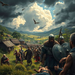 A tense and foreboding scene depicting the chaos brought upon the village of Cambuga by the foreign invaders
