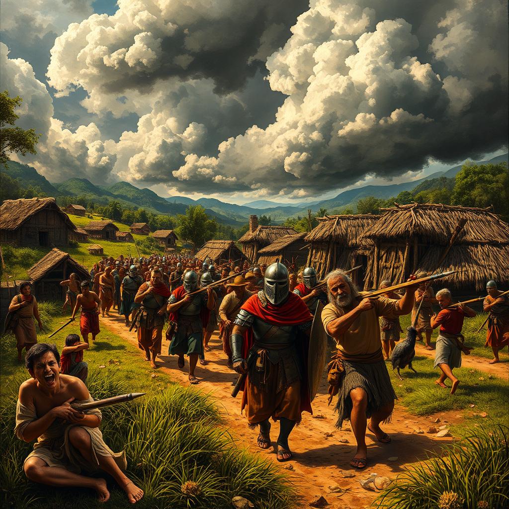 A tense and foreboding scene depicting the chaos brought upon the village of Cambuga by the foreign invaders