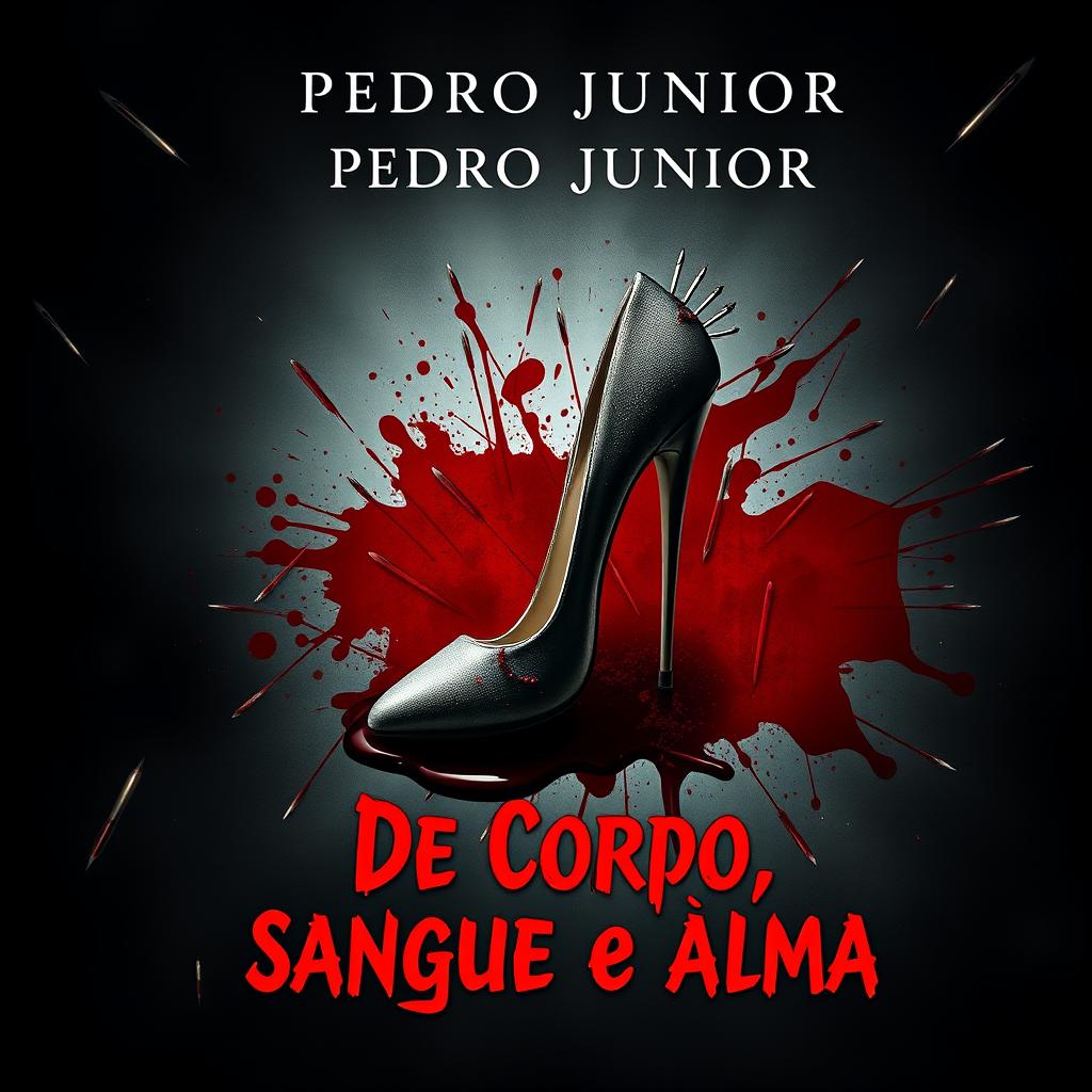 A chilling book cover design for a horror novel titled 'De Corpo, Sangue e Alma' by Pedro Junior