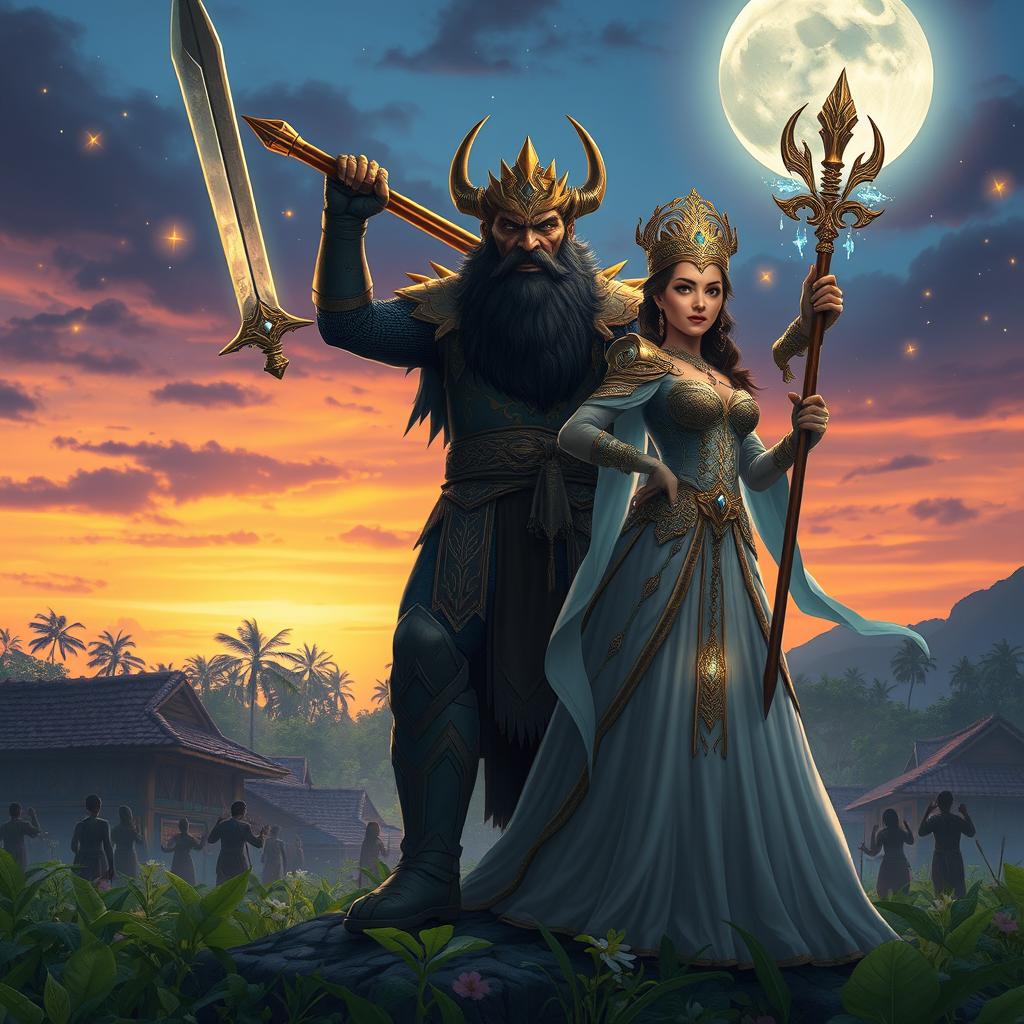 An epic scene depicting King Bakunawa and Queen Bulan, united in their quest to defend their beloved village of Cambuga from the encroaching threat of foreign invaders
