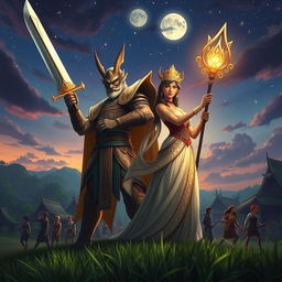 An epic scene depicting King Bakunawa and Queen Bulan, united in their quest to defend their beloved village of Cambuga from the encroaching threat of foreign invaders