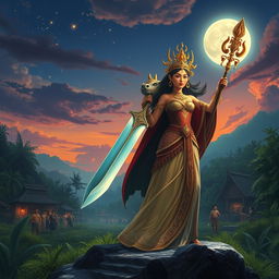 An epic scene depicting King Bakunawa and Queen Bulan, united in their quest to defend their beloved village of Cambuga from the encroaching threat of foreign invaders
