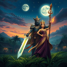 An epic scene depicting King Bakunawa and Queen Bulan, united in their quest to defend their beloved village of Cambuga from the encroaching threat of foreign invaders
