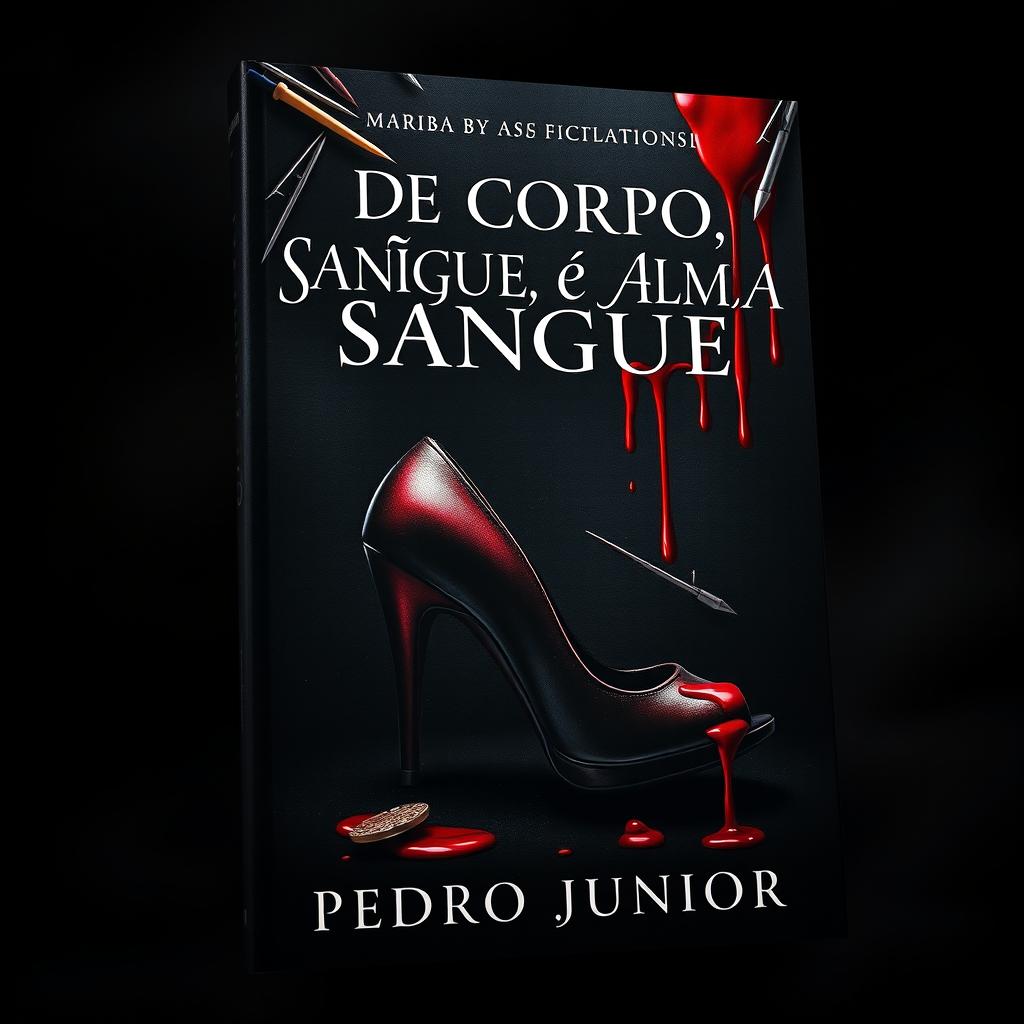 A chilling book cover for a horror story featuring elements like sharp needles and flowing blood, prominently displaying a high-heeled shoe