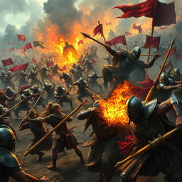 An intense battle scene showcasing the villagers of Cambuga, united and resolute, using their intelligence and strength to confront the overwhelming foreign invaders