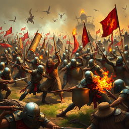 An intense battle scene showcasing the villagers of Cambuga, united and resolute, using their intelligence and strength to confront the overwhelming foreign invaders