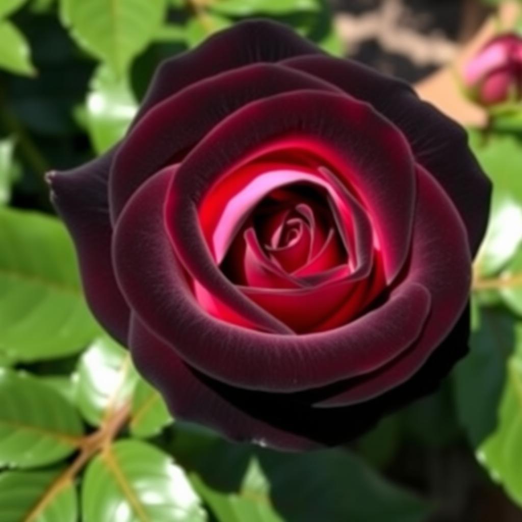 A beautiful black rose with pink undertones, showcasing an elegant and striking appearance