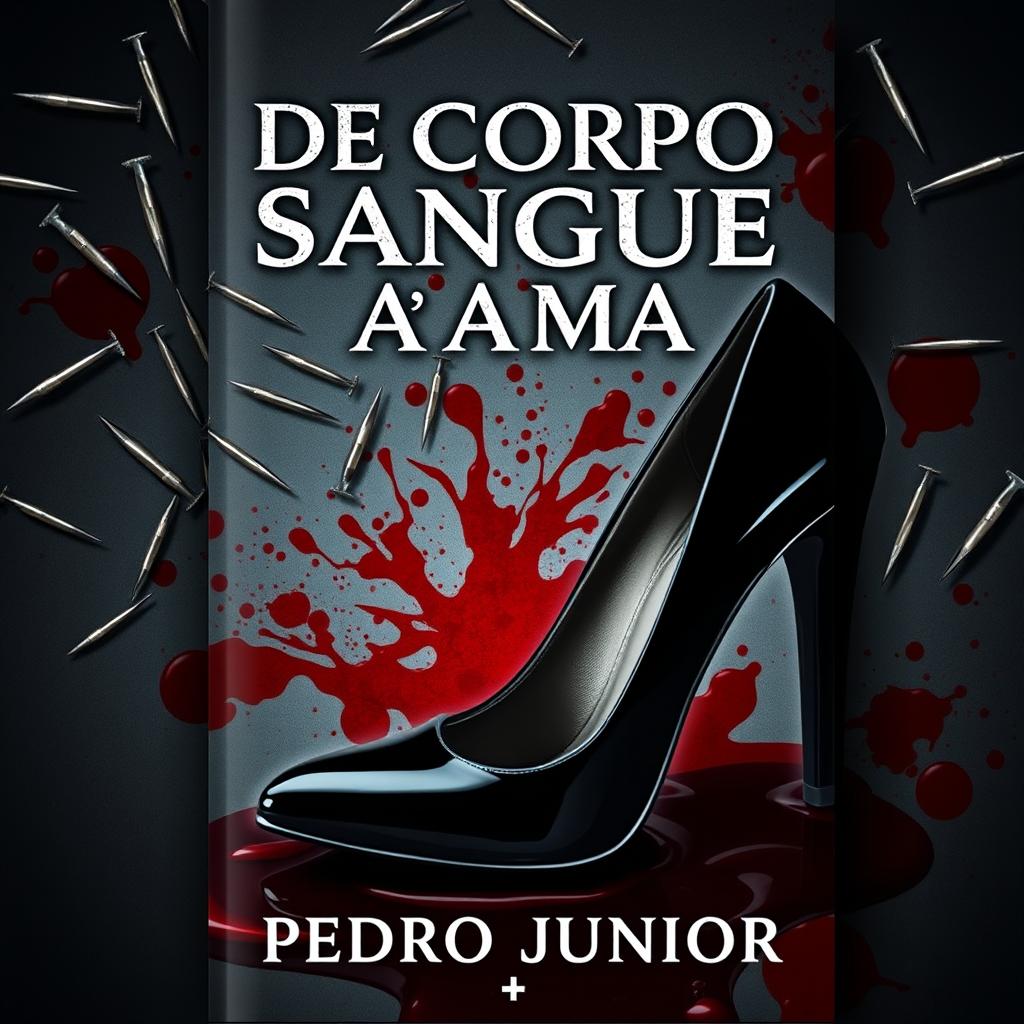 A chilling book cover for a horror novel titled 'De Corpo, Sangue e Alma' by Pedro Junior