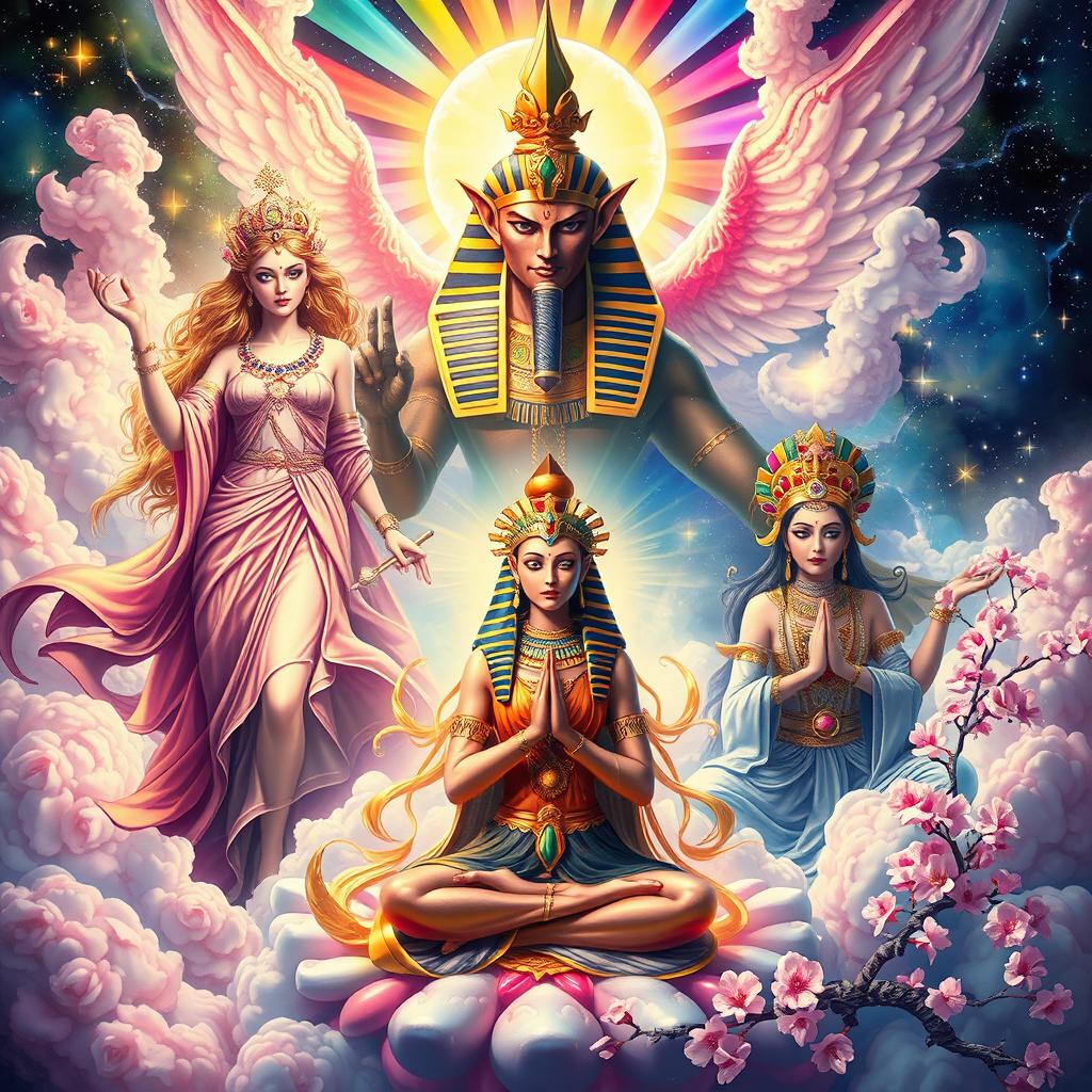 An ethereal and majestic depiction of deities from various mythologies, including a radiant Greek goddess with flowing robes and golden hair, a fierce Egyptian god with ornate jewelry and a falcon head, and a serene Asian deity meditating surrounded by cherry blossoms