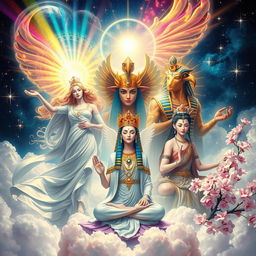 An ethereal and majestic depiction of deities from various mythologies, including a radiant Greek goddess with flowing robes and golden hair, a fierce Egyptian god with ornate jewelry and a falcon head, and a serene Asian deity meditating surrounded by cherry blossoms