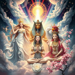 An ethereal and majestic depiction of deities from various mythologies, including a radiant Greek goddess with flowing robes and golden hair, a fierce Egyptian god with ornate jewelry and a falcon head, and a serene Asian deity meditating surrounded by cherry blossoms