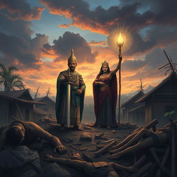 A poignant and heart-wrenching scene depicting the aftermath of the destruction in Cambuga, with fallen villagers and ruined homes serving as a backdrop to the resilience of King Bakunawa and Queen Bulan