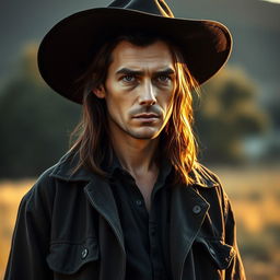 A portrait of an actor resembling Jude Law, featuring a thin complexion and long dark brown hair
